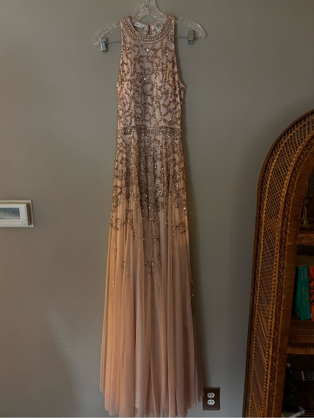 Shail K. Champagne Pink Nude Beaded Sequin Embellished Maxi Gown Dress Sz 2
